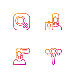 Set line Female reproductive system, opinion, gender and Feminist activist. Gradient color icons. Vector