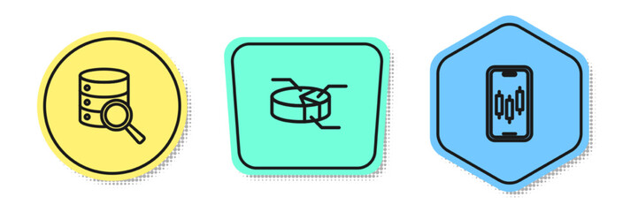 Set line Server, Pie chart infographic and Mobile stock trading. Colored shapes. Vector