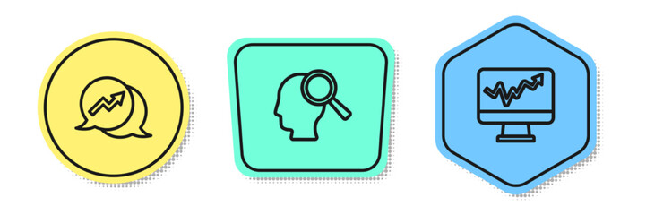 Set line Financial growth, Search people and Monitor with graph chart. Colored shapes. Vector