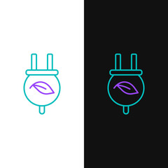 Line Electric saving plug in leaf icon isolated on white and black background. Save energy electricity. Environmental protection. Bio energy. Colorful outline concept. Vector
