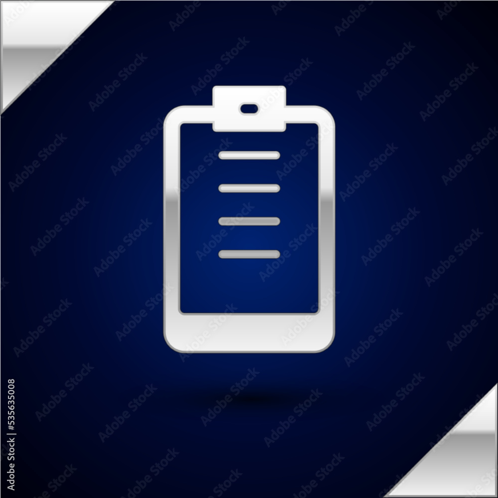 Poster silver clipboard with checklist icon isolated on dark blue background. control list symbol. survey p