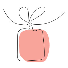 Linear drawing of a gift box with a bow and a bright spot. Isolated vector illustration. Festive drawing with one line. Template for various designs.