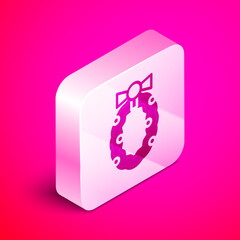 Fototapeta premium Isometric Christmas wreath icon isolated on pink background. Merry Christmas and Happy New Year. Silver square button. Vector