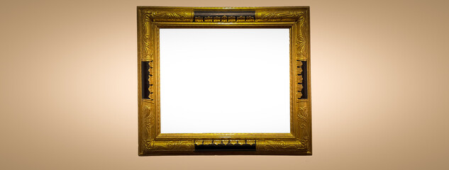 Antique art fair gallery frame on beige wall at auction house or museum exhibition, blank template...