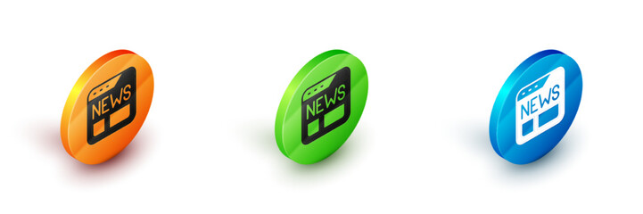 Isometric News icon isolated on white background. Newspaper sign. Mass media symbol. Circle button. Vector