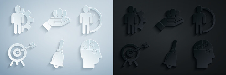 Set Ringing bell, Time Management, Target with arrow, Human head puzzles strategy, Project team base and gear inside icon. Vector