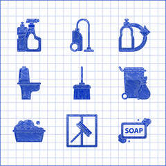 Set Handle broom, Squeegee, scraper, wiper, Bar of soap with foam, Trash can, Plastic basin suds, Toilet bowl, bottles for liquid dishwashing liquid and icon. Vector