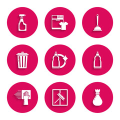 Set Plastic bottles for liquid dishwashing liquid, Squeegee, scraper, wiper, Garbage bag, Cleaning service, Trash can, Toilet plunger and spray with detergent icon. Vector