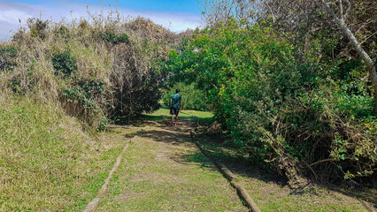 person walking through the grass