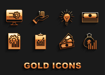Set Clipboard with graph chart, Stacks paper money cash, Money bag and diagram, Document, Light bulb rays shine concept of idea, Computer monitor and hand icon. Vector