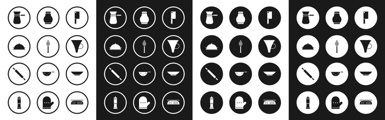 Set Meat chopper, Honey dipper stick, Covered with tray of food, Coffee turk, Funnel or filter, Salt and pepper, Bowl and Rolling pin icon. Vector