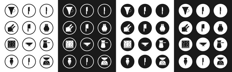 Set Knife, Meat chopper, Funnel or filter, Salt and pepper, Bread knife, Coffee turk and Gas stove icon. Vector