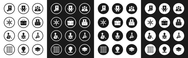 Set Money bag, Briefcase, Hexagram sheriff, Oath the Holy Bible, The arrest warrant, Hand holding money and magnifying glass icon. Vector