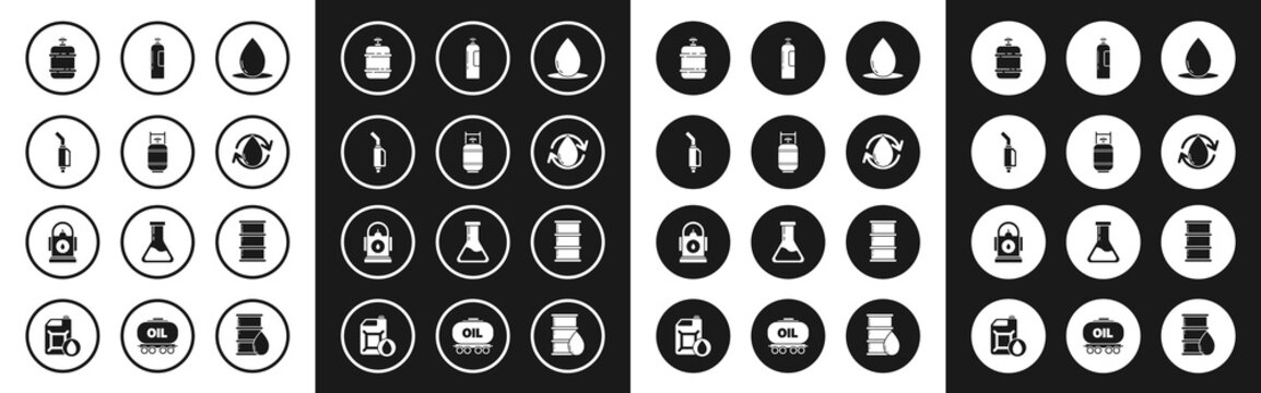 Set Oil drop, Propane gas tank, Gasoline pump nozzle, Industrial cylinder, Barrel oil and Petrol or station icon. Vector