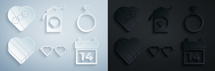 Set Heart shaped love glasses, Wedding rings, Candy heart box, Calendar with February 14, tag and icon. Vector