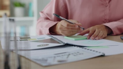 Woman writing small business proposal, sticky note reminder in documents and planning digital project. Company vision information, female working on corporate strategy and brainstorm solution goals