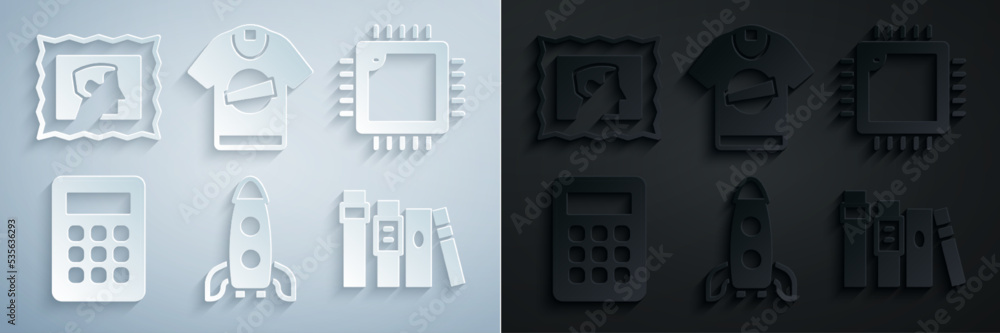 Canvas Prints Set Rocket ship, Processor with CPU, Calculator, Book, T-shirt and Postal stamp icon. Vector