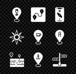 Set Alcohol or beer bar location, Route, Compass mobile, Broken road, Location with anchor, Road traffic sign, Wind rose and coffee cup icon. Vector
