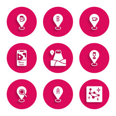 Set Location with mountain, Great Bear constellation, Alcohol or beer bar location, Search, City map navigation, coffee cup and icon. Vector