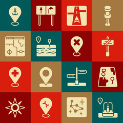 Set Location with fountain, City map navigation, Road traffic sign, Gps device, Broken road, Infographic of city, anchor and cross mark icon. Vector