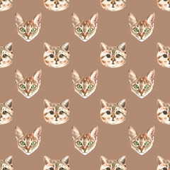 Watercolor cat pattern, cute fabric design for kids, cat breeds, british ,choco background seanpless pattern, scrapbooking,wallpaper,wrapping, gift,paper, for clothes, children textile,digital paper, 
