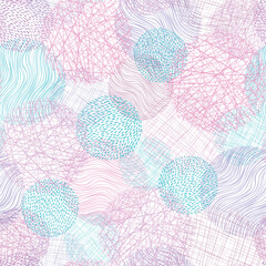 Dotted and striped modern elements with scribble lines. Hand drawn seamless pattern. Pink and blue abstract circle textures. Doodle elements background for fabric, wrapping, wallpaper or cards.