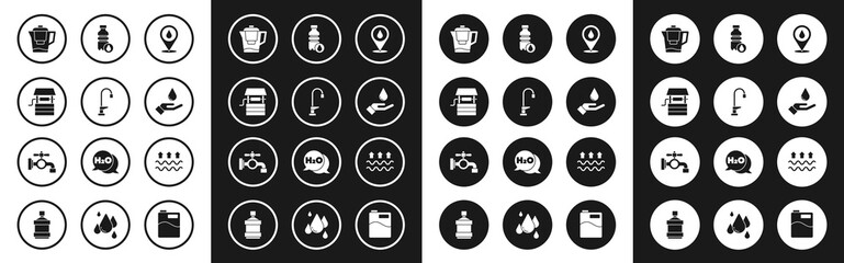Set Water drop with location, tap, Well bucket, jug filter, Washing hands soap, Bottle of water, Waves evaporation and icon. Vector