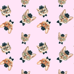 Watercolor cat pattern, cute fabric design for kids, pink background seanpless pattern, scrapbooking,wallpaper,wrapping, gift,paper, for clothes, children textile,digital paper, repeating background