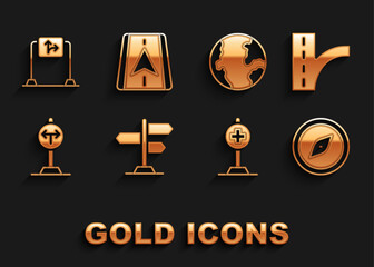 Set Road traffic sign, Compass, Location with cross hospital, Fork in the road, Earth globe, and City map navigation icon. Vector