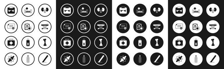 Set Human kidneys, Patient record, Certificate template, X-ray shots with broken bone, Stretcher, Hospital bed, and First aid kit icon. Vector