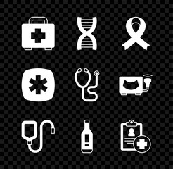 Set First aid kit, DNA symbol, Awareness ribbon, IV bag, Digital thermometer, Patient record, Emergency - Star of Life and Stethoscope icon. Vector