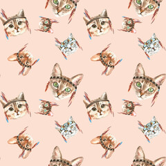 Watercolor cat pattern, cute fabric design for kids, native american costume, peach background seanpless pattern, scrapbooking,wallpaper,wrapping, gift,paper, for clothes, children textile,digital 