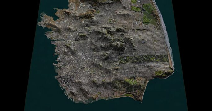 San Francisco north to south map with 3d relief 4K satellite ground top height