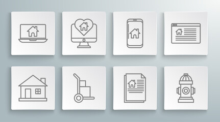Set line House, Monitor with house in heart shape, Hand truck and boxes, contract, Fire hydrant, Mobile phone smart home, Hanging sign text Online Sale and Laptop icon. Vector