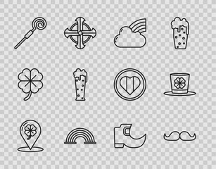 Set line Location and four leaf clover, Mustache, Rainbow with cloud, Walking stick, Glass of beer, Tradition leprechaun boots and Leprechaun hat icon. Vector