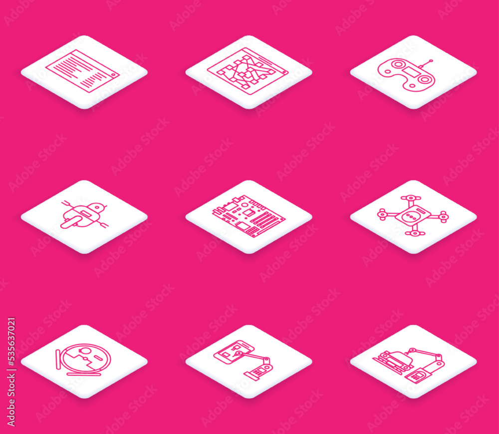 Poster set line software, robot, electronic computer components motherboard digital chip, drone flying with