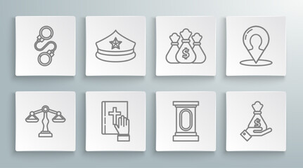 Fototapeta na wymiar Set line Scales of justice, Oath on the Holy Bible, Stage stand or debate podium rostrum, Hand holding money bag, Money, Map marker silhouette person and Handcuffs icon. Vector