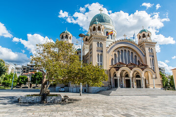 Agios Andreas the landmark church and the metropolis of Patras on a beautiful day with perfect sky color and few clouds, Achaia, Peloponnese, Greece