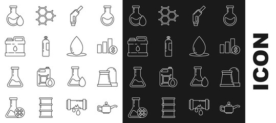 Set line Canister for motor machine oil, Oil and gas industrial factory building, Pie chart infographic dollar, Gasoline pump nozzle, Industrial cylinder tank, petrol test tube and drop icon. Vector