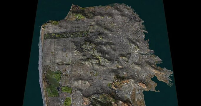 San Francisco south to north map with 3d relief 4K satellite ground top height