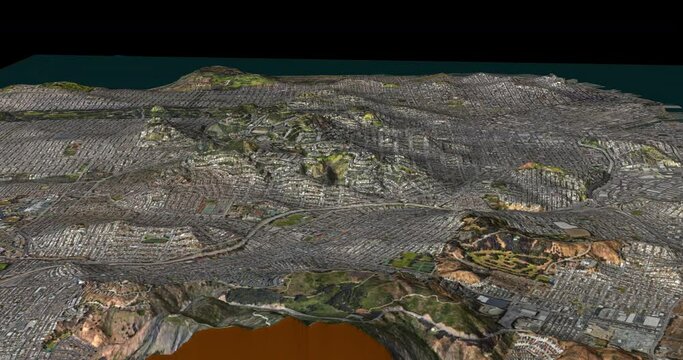 San Francisco south to north map with 3d relief 4K satellite ground low height