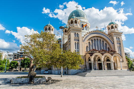 Agios Andreas the landmark church and the metropolis of Patras on a beautiful day with perfect sky color and few clouds, Achaia, Peloponnese, Greece