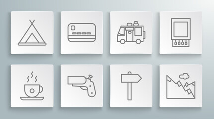 Set line Coffee cup, Credit card, Flare gun pistol, Road traffic signpost, Mountains, Rv Camping trailer, Open matchbox and matches and Tourist tent icon. Vector