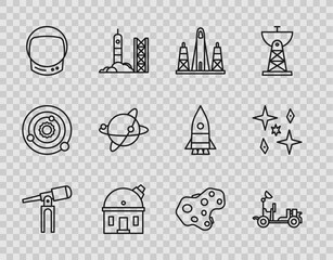 Fototapeta premium Set line Telescope, Mars rover, Rocket launch from the spaceport, Astronomical observatory, Astronaut helmet, Satellites orbiting planet Earth, Asteroid and Planet icon. Vector