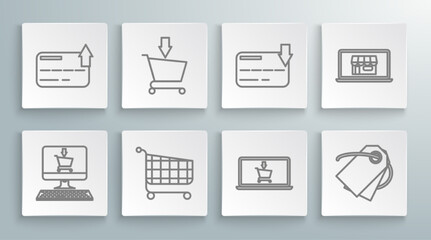 Set line Shopping cart on screen computer, Add to, laptop, Blank label template price tag, Credit card, building and icon. Vector