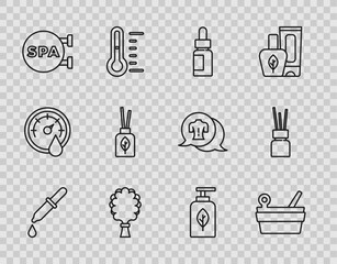 Set line Pipette, Sauna bucket and ladle, Essential oil bottle, broom, Spa salon, Aroma diffuser, and icon. Vector