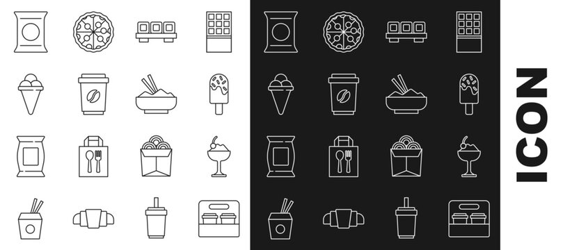 Set Line Coffee Cup To Go, Ice Cream In Bowl, Sushi On Cutting Board, Waffle Cone, Bag Or Packet Potato Chips And Rice With Chopstick Icon. Vector