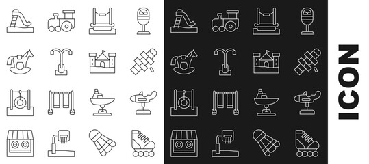 Set line Roller skate, Swing plane, Hopscotch, Bungee, Street light, Horse saddle swing, Kid slide and Sand castle icon. Vector