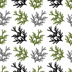 Vector winter seamless pattern. Illustration of thuja leaves. Merry Christmas and happy New Year. Christmas background. Winter wrapping.	
