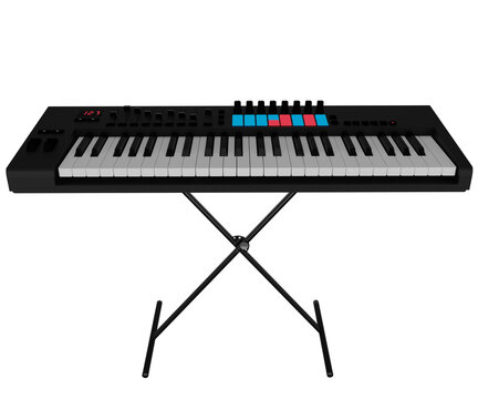 Piano 3d render with realistic stand, music icon
